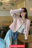 Long Sleeve Retro O-Neck Cropped Pink Tweed Jackets