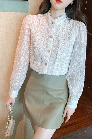 Long Sleeve Stand Neck Lace Blouse Shirt