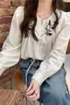 V-Neck Flower Embroidered Blouse Shirt