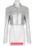 Long Sleeve Cropped Silver Leather Jacket