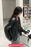 Long Sleeve O-Neck PU Leather Jacket