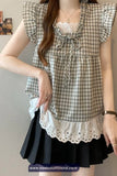 Retro Lace Patchwork Cute Plaid Blouse Shirt