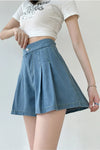 High Waist Elastic Pleated Denim Shorts