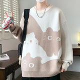 Upgrade your Grandpa Core Aesthetic with this Loose Cat Pattern O-Neck Sweater. The ultimate essential for Harajuku style outfits, whimsical animal printed knitwear trends, and cozy everyday autumn lookbooks. Featuring a flattering oversized fit and a bold retro cat motif, this pullover knit is a must-have for your Aesthetic Sweaters or Cottagecore Clothing collection.