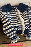 Long Sleeve Lapel Collar Lace Patchwork Striped Cardigan Sweater