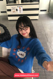 Long Sleeve Cat Embroidered O-Neck Blue Sweater