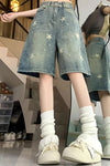 Loose Stars Pattern Washed Color Denim Shorts