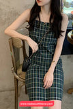 Green Plaid Slash Neck Sleeveless Summer Dress