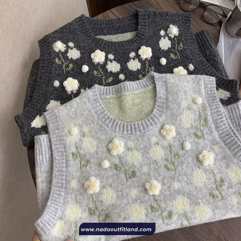 3D Floral Sleeveless O-Neck Vest Sweater