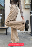 High Waist Striped Style Brown Denim Pants