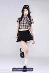 Short Sleeve Pink Plaid Cropped Blouse Shirt