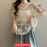 Short Sleeve Floral Lace Hollow Crochet Shirt