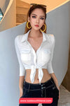 Long Sleeve Sexy Bow Tie Cropped Blouse Shirt