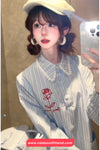 Turn Down Collar Flower Embroidered Lace Patchwork Striped Long Dress