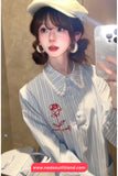 Turn Down Collar Flower Embroidered Lace Patchwork Striped Long Dress