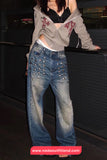 High Waist Metal Rivet Washed Jeans Pants