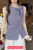 Sleeveless Vintage Plaid Elegant Bow Blouse Shirt