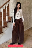 Retro Drawstring Waist Corduroy Long Pants