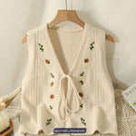 V-Neck Bow Tie Flower Embroidered Knitted Vest Sweater