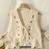 V-Neck Bow Tie Flower Embroidered Knitted Vest Sweater