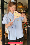 Short Sleeve Cute Bear Embroidery Plaid Blouse Shirt