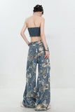 High Waist Floral Pattern Long Ripped Jeans Pants