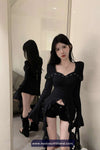 Long Sleeve Square Collar Ruffled Sexy Cropped Shirt