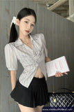 Sexy 3D Flower Striped Elegant Cropped Blouse Shirt