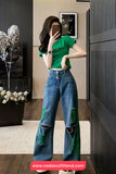 High Waist Green Ripped Hole Jeans Pants