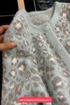 Long Sleeve O-Neck Leopard Pattern Faux Blue Jacket