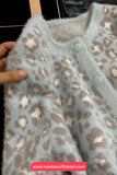 Long Sleeve O-Neck Leopard Pattern Faux Blue Jacket