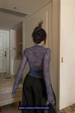 Long Sleeve V-Neck Grunge Ruched Mesh Shirt