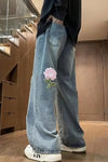 Casual Floral Embroidered Men Jeans Pants