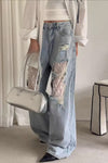 High Waist Hole Design Lace Patchwork Jeans Pants