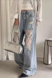 High Waist Hole Design Lace Patchwork Jeans Pants