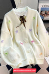 Long Sleeve V-Neck Cute Bow Floral Button Cardigan Sweater