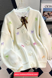 Long Sleeve V-Neck Cute Bow Floral Button Cardigan Sweater