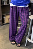 High Waist Long Casual Purple Plaid Pants
