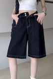 Loose Retro Black Color Jeans Shorts