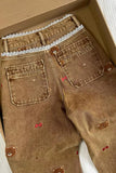 High Waist Bear Embroidered Brown Jeans Pants