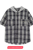 Short Sleeve Hooded Plaid Blouse Shirt