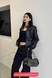 Long Sleeve Cropped Leather Black Jacket