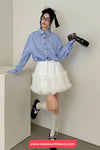 Long Sleeve Blue Striped Colorful Buttons Blouse Shirt