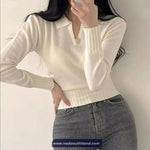 Long Sleeve Turn Down Collar Cropped Sweater