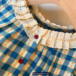 Short Sleeve Lace Collar Blue Plaid Floral Pattern Blouse Shirt