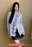 Long Sleeve Vintage Striped Ruffles Irregular Blouse Shirt