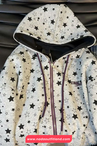 Loose Retro Stars Pattern Zipper Hoodie