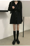 Long Sleeve Turn Down Collar Button Black Dress