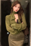 Long Sleeve Sexy Design Green Blouse Shirt