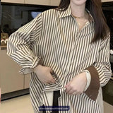 Long Sleeve Coffee Colors Striped Elegant Blouse Shirt